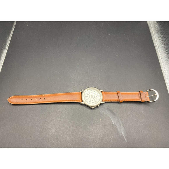 TIME Magazine Quartz Silver Tone Watch w/ Military Dial Brown Leather Band - Picture 11 of 11